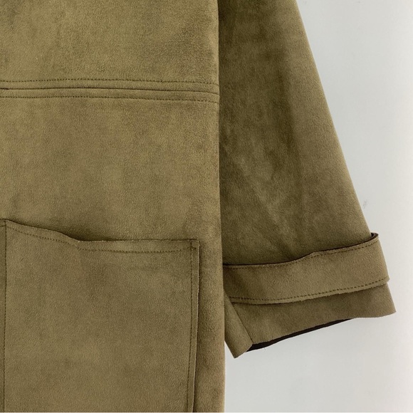 ZARA Women’s Size Large Faux Suede Olive Green Button‑Down Coat with Gold Button - Picture 3 of 15